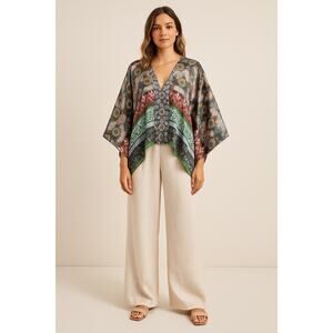 Anthropologie Kas New York Satin Colorful Flowy Blouse Vacation Resort Large M